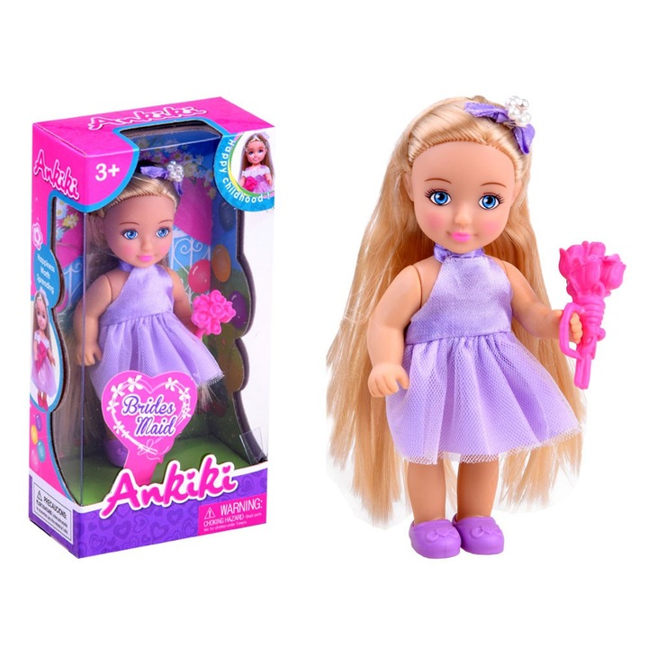 Szőke hajú 12 cm-es játékbaba csokorral, lila ruhában