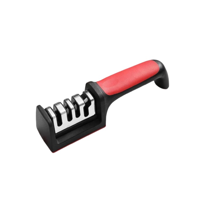 Ascutitoare cutite si foarfece 4 compartimente, 21x4x5.5 cm, rosu/negru, antiderapant