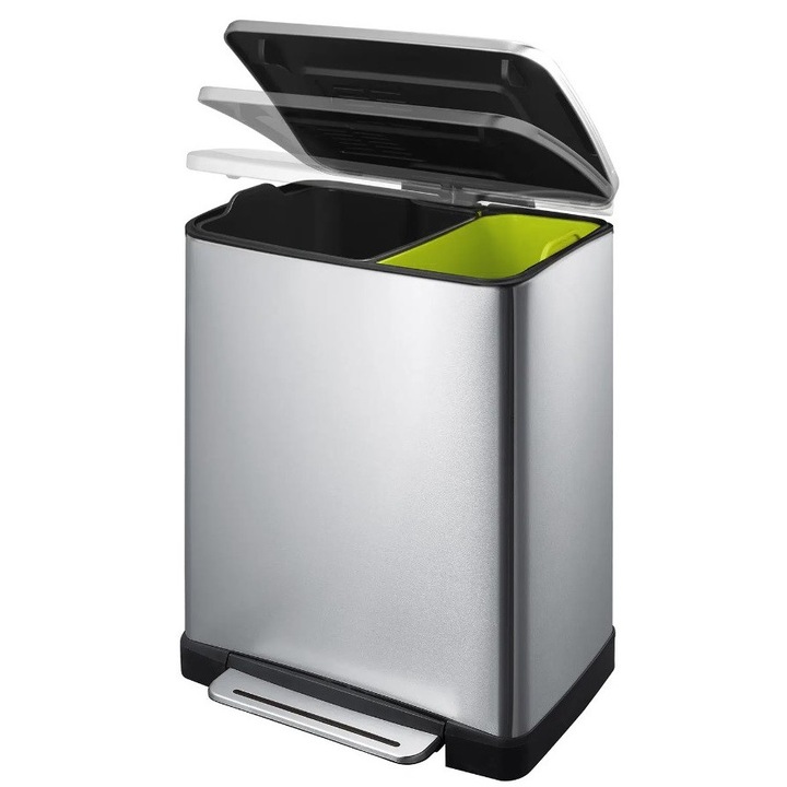 Cos de gunoi cu pedala EKO, E-Cube, capacitate 10+9 litri, 2 compartimente detasabile, ergonomic, corp din otel inoxidabil anti-amprente, capac soft-close, suport fixare sac, inox