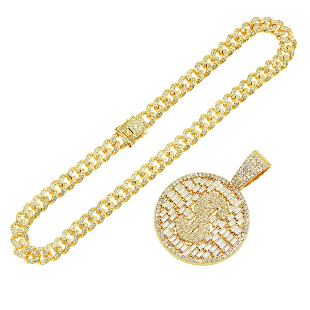 Lant Cuban Chain Iced Out cu pandantiv model in forma de dolar, placat ...