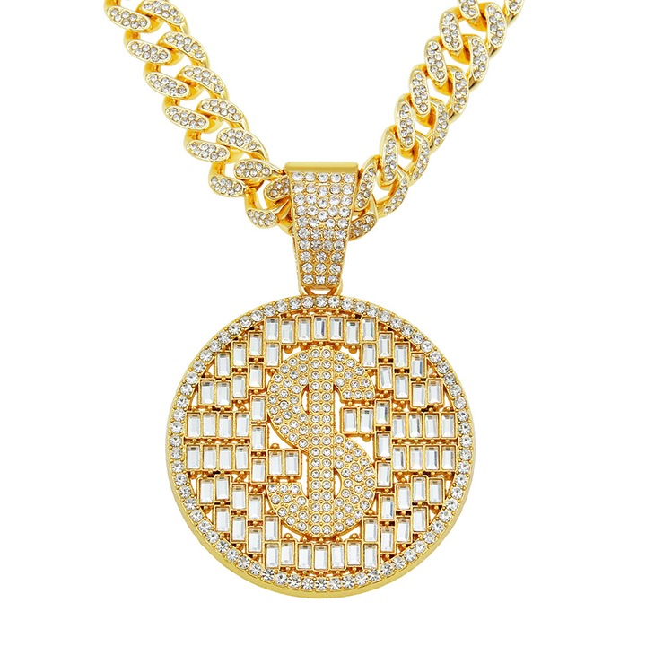 Ланец Cuban Chain Iced Out Tessero, Висулка със знак на долар, Златно покритие 18K, Цирконий, Закопчаване с катарама, 50 см, Унисекс, Златист