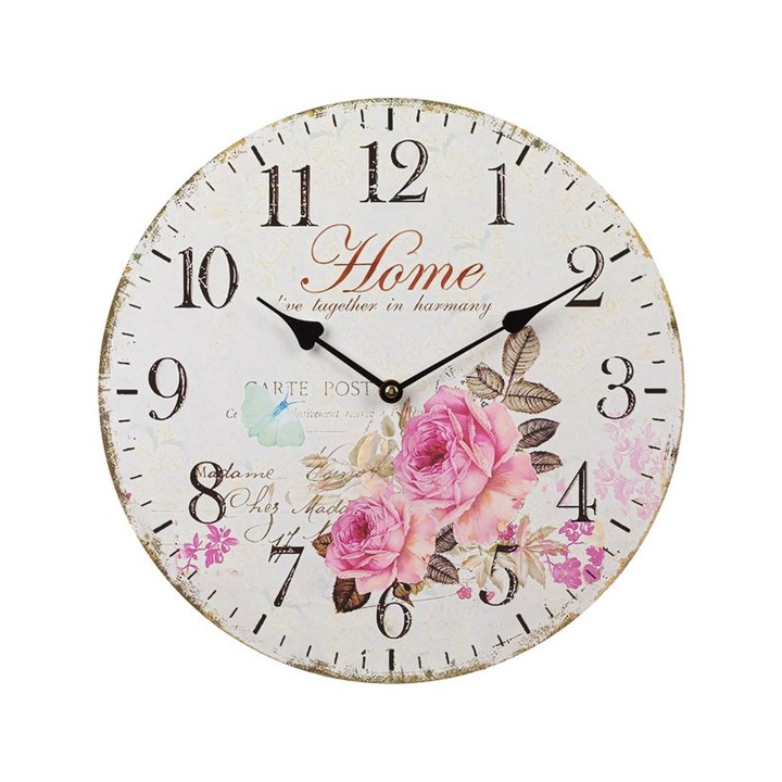 Часовник Home, Стенен, Кръгла форма, Черни цифри, Дизайн на цветя, Дърво, 34х0,5 см, Бежов/Розов