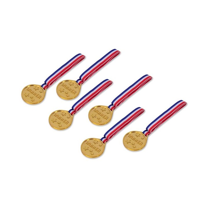Златни медали, 6 броя, Трицветна връзка, Надпис, Пластмаса, 3,5 см, Многоцветен