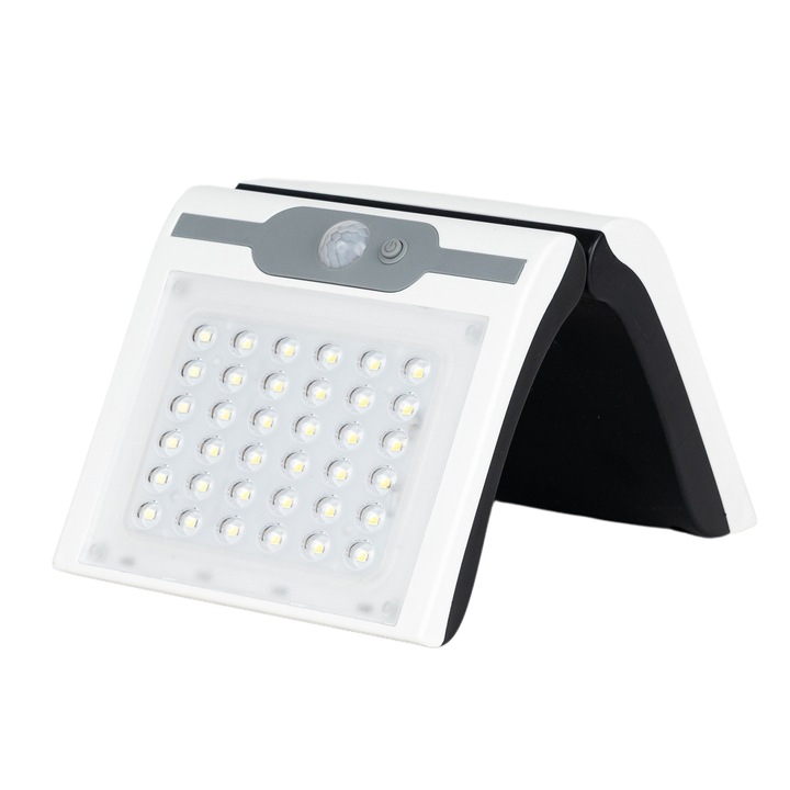 Aplica led solara 20W, lumina rece, incarcare panou solar, senzor de prezenta si lumina, detectie de la 4m, dimensiune 130x190mm, IP65