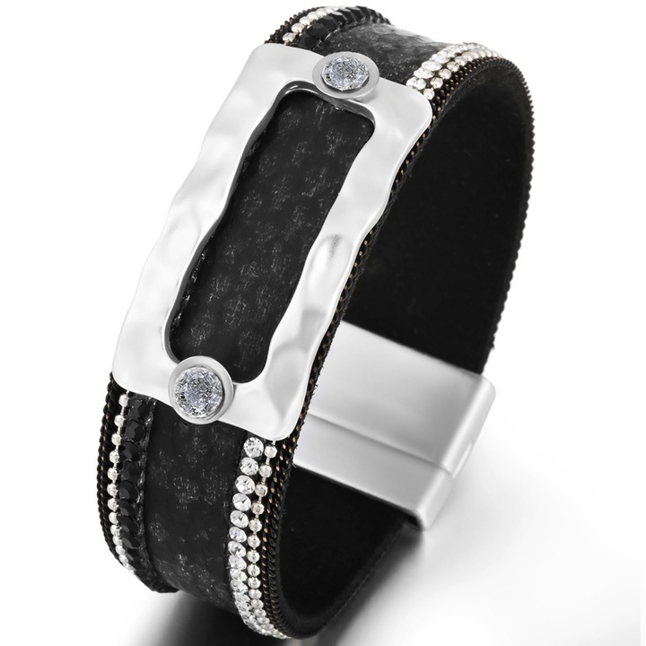 Bratara Belt dama, IZMAEL, Piele sintetica, Pietre zirconiu, Negru