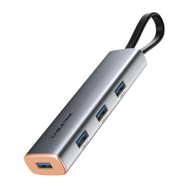 Адаптер Хъб, Cabletime, Алуминий/ABS, 4 USB порта, 5Gbps, Сив
