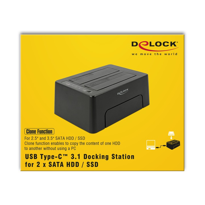 Docking Station Delock 63957, USB 3.1 C - 2x SATA HDD/SSD, 2.5"+ 3.5", Clone