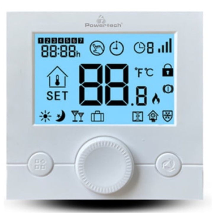 Termostat digital, PowerTech, Ecran iluminat, IP20, Alb