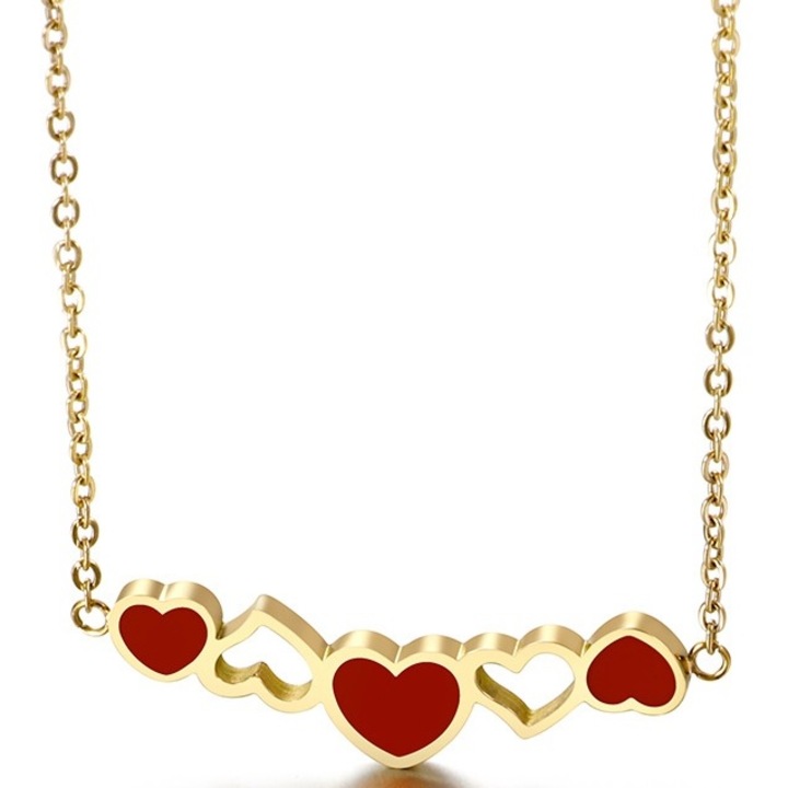 Colier cu inimi, IZMAEL, Inox, Auriu, Rosu