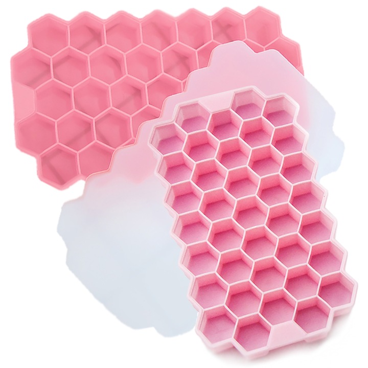 Set 2 tavi de gheata, LPAILON, Silicon, Cu capac, 37 Compartimente, Roz