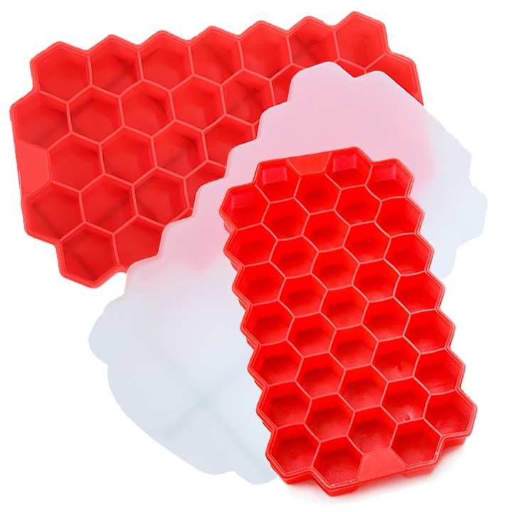 Set 2 tavi de gheata, LPAILON, Silicon, Cu capac, 37 Compartimente, Rosu