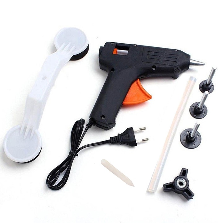 Kit de Reparatii pentru Indepartarea Abaterilor din Caroseria Auto RETOO DriveTech, Set Complet cu 3 Ventuze, Pistol de Incalzire pentru Adeziv, Levier, Adeziv Termo-Gripabil si Scraper, Culoare Neagra, Greutate 205g, Ideal pentru Repararea la Domiciliu