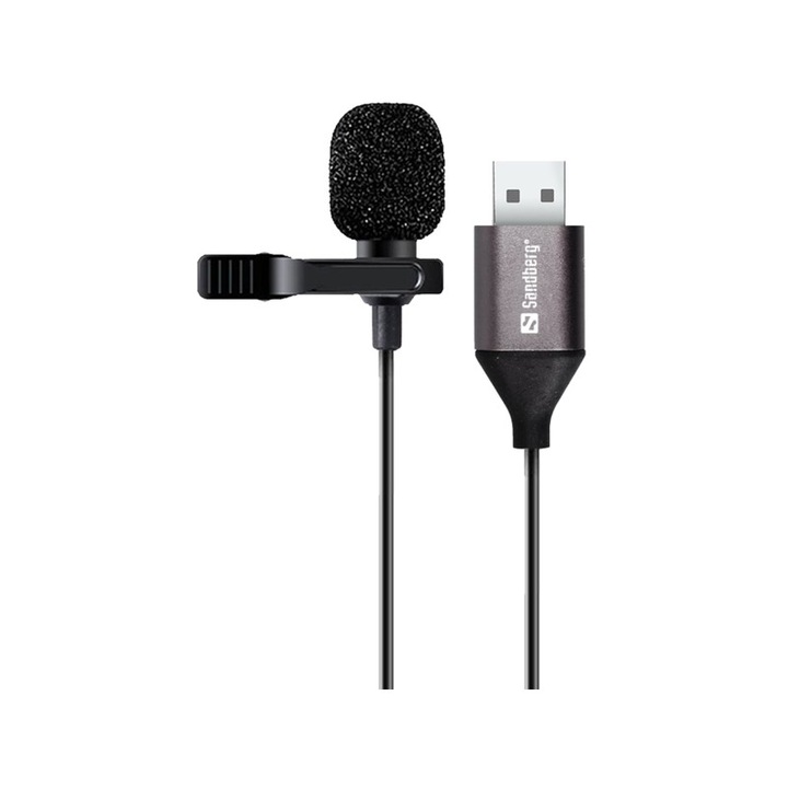 Microfon lavaliera cu clip Sandberg 126-19, USB, 2m, negru
