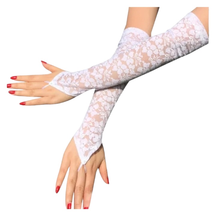 Manusi dama, StarFashion, elegante, lungi, pana la cot, mireasa/nasa, fara degete, dantela, alb, Onesize