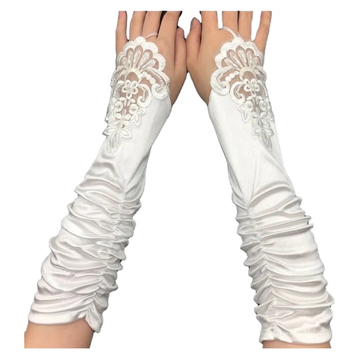 Manusi dama, StarFashion, elegante, lungi, pana la cot, mireasa/nasa, fara degete, satin cu dantela, alb, Onesize