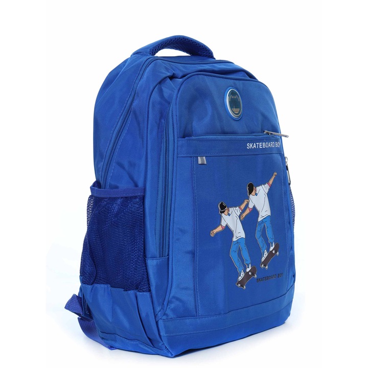 Rucsac albastru pentru barbati, Skateboarg Boy, 3 compartimente, 43x30x12 cm, 16 litri, Recostore®, REC2355
