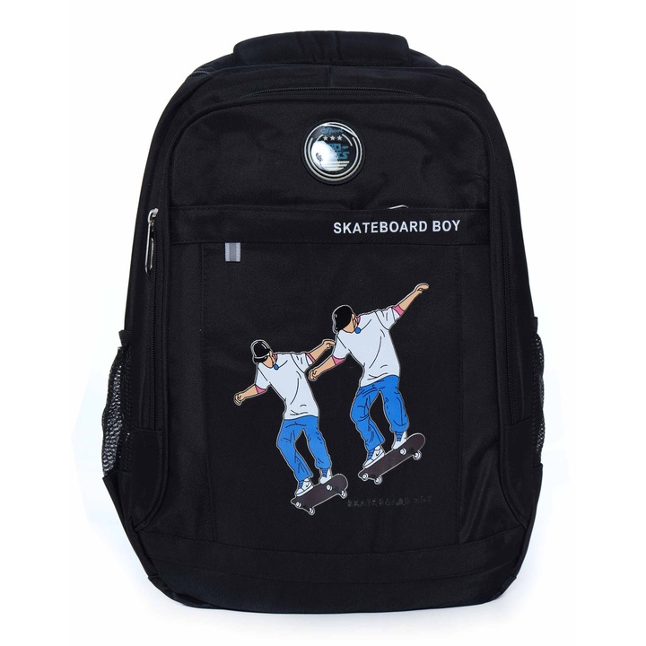 Rucsac negru pentru barbati, Skateboarg Boy, 3 compartimente, 43x30x12 cm, 16 litri, Recostore®, REC2354