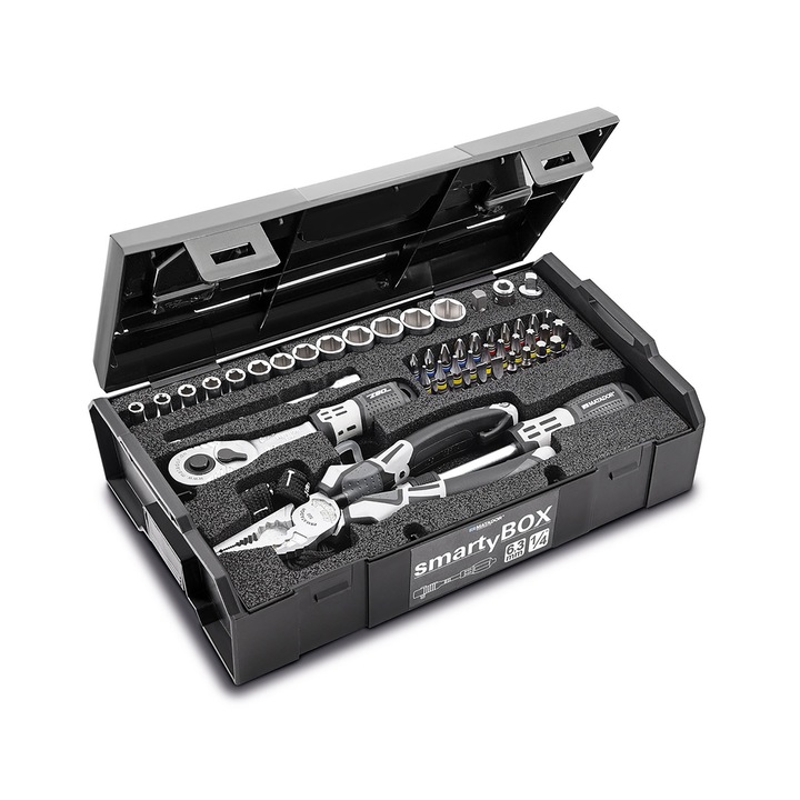 Trusa chei SmartyBox S1, MATADOR, din crom vanadiu, 61 piese, 90 dinti, maner rotativ, cutie de plastic inclusa pentru protectie, 320 mm