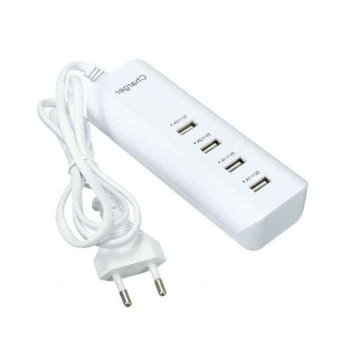 Töltő hub dugaszoló csatlakozással, 4x USB gyorstöltő, 20 W, hossz 1,2 m, Fehér