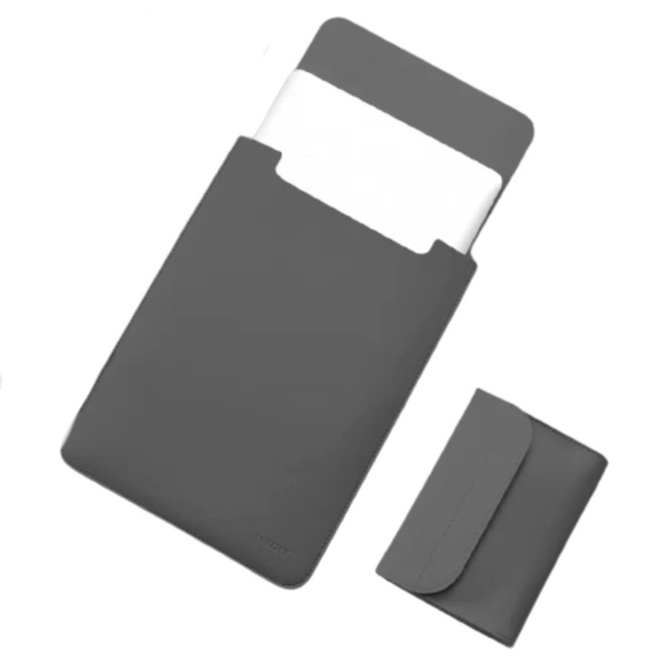 Mapa si mini geanta marca THD, protectie si transport laptop Apple Macbook Air (M2) 13.6 inch si Apple Macbook Air (M1) 13.3 inch, piele ecologica, neagra