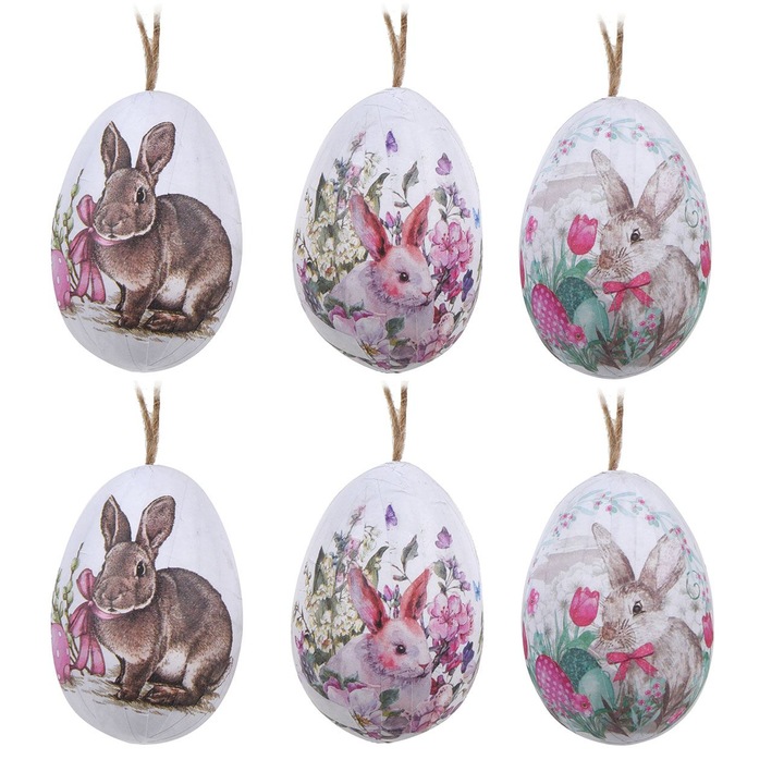 Set 6 oua decorative de Paste cu imprimeu iepurasi, DecorCasa, 5 cm