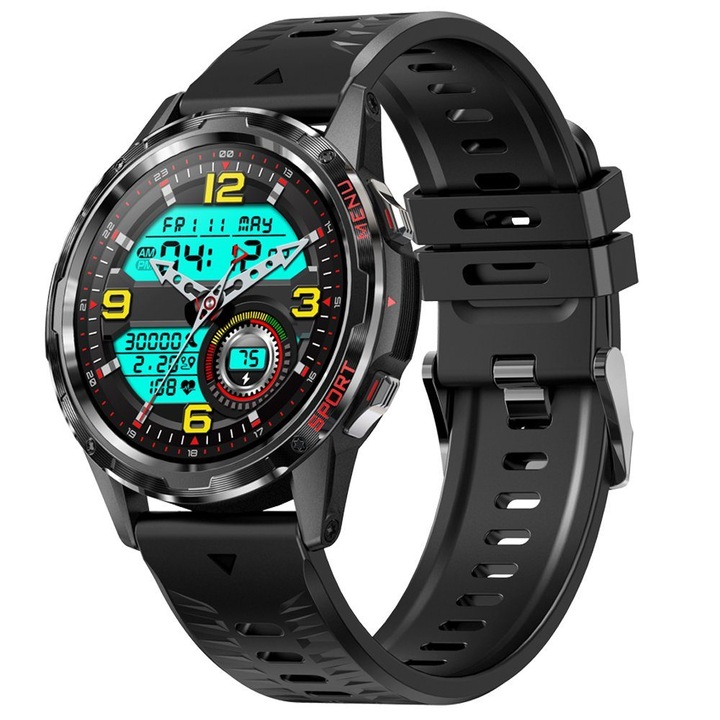 Ceas smartwatch si bratara fitness, Roffie, Notificari Apeluri/Sms/Social Media, monitorizare activitati fizice, somn, pedometru, player muzica, rezistent la apa1.32", IP67, Rezistent la apa, Negru
