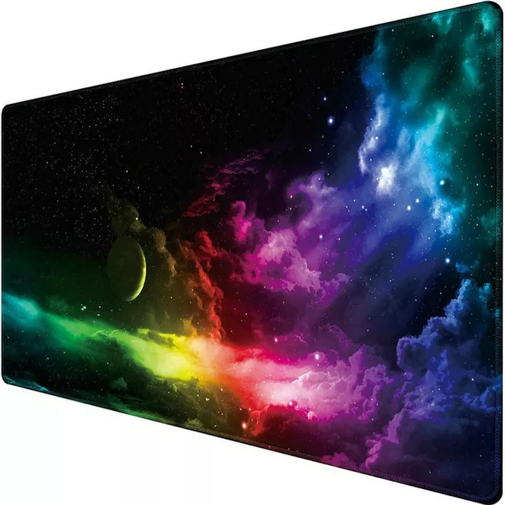 Mousepad Profesional pentru Gaming, Baza Cauciucata, Margini Cusute, Spatiu Cosmic, 900x400mm, Multicolor
