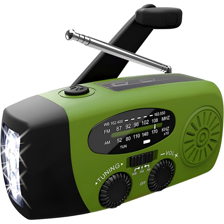 Преносимо радио ZEQAS, Слънчево зареждане и фенерче, 2000 mAh, Функция Power Bank, Зелен цвят