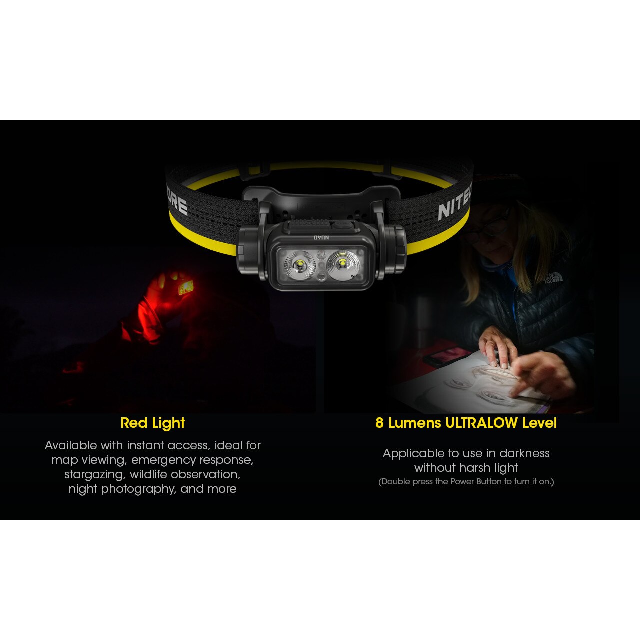 Nitecore NU40-1000 lumens, USB-C, red and white light, integrated battery