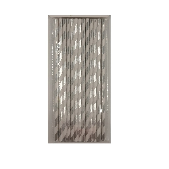 Комплект 25 еко хартиени сламки за напитки Сребристо - бели 20 см