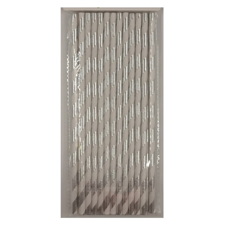 Set 25 paie eco, din hartie, pentru bauturi, Argintiu - alb, 20 cm