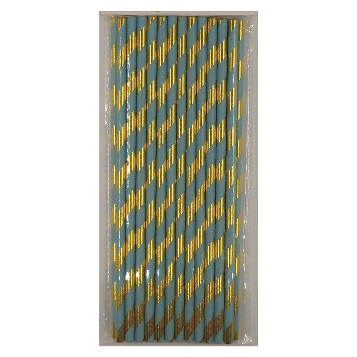 Set 25 paie eco, din hartie, pentru bauturi, Auriu cu turqoise, 20 cm