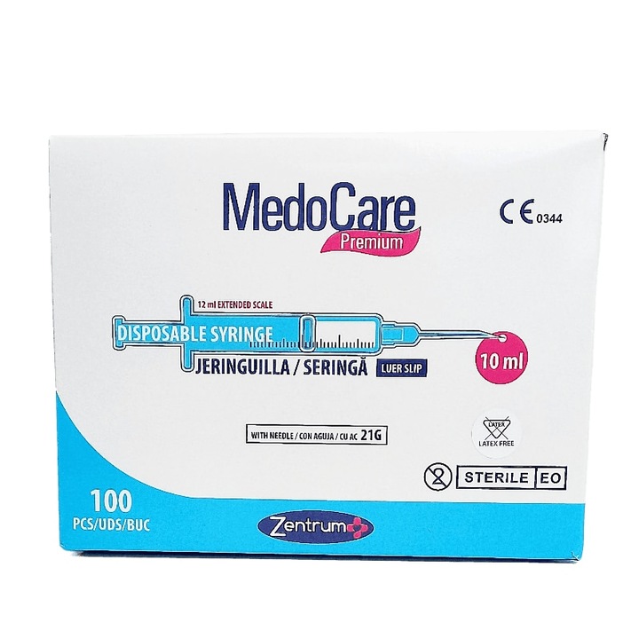 Fecskendő 10 ml / 12 ml, MedoCare, 21G tűvel, LUER SLIP, LATEX MENTES, 100 db