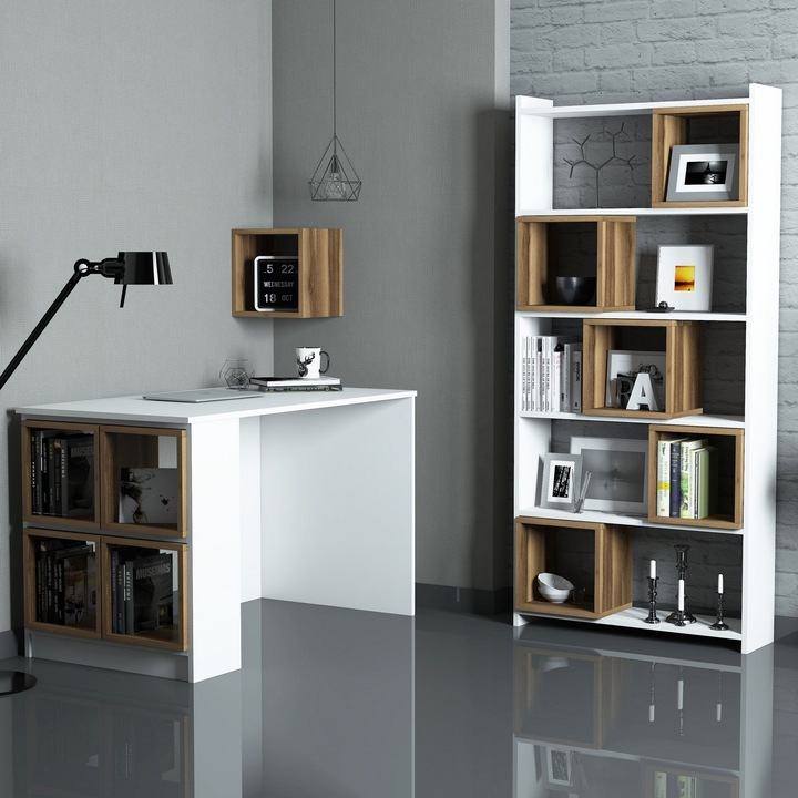 Set Birou si Biblioteca, Box, Alb-Nuc, 120 x 65 x 75 cm