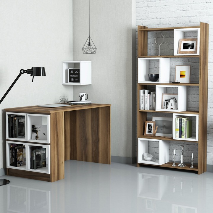 Set Birou si Biblioteca, Box, Nuc-Alb, 120 x 65 x 75 cm