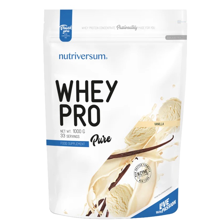 Pudra proteica, PURE Whey Pro, Vanilie, Nutriversum, 1000 g