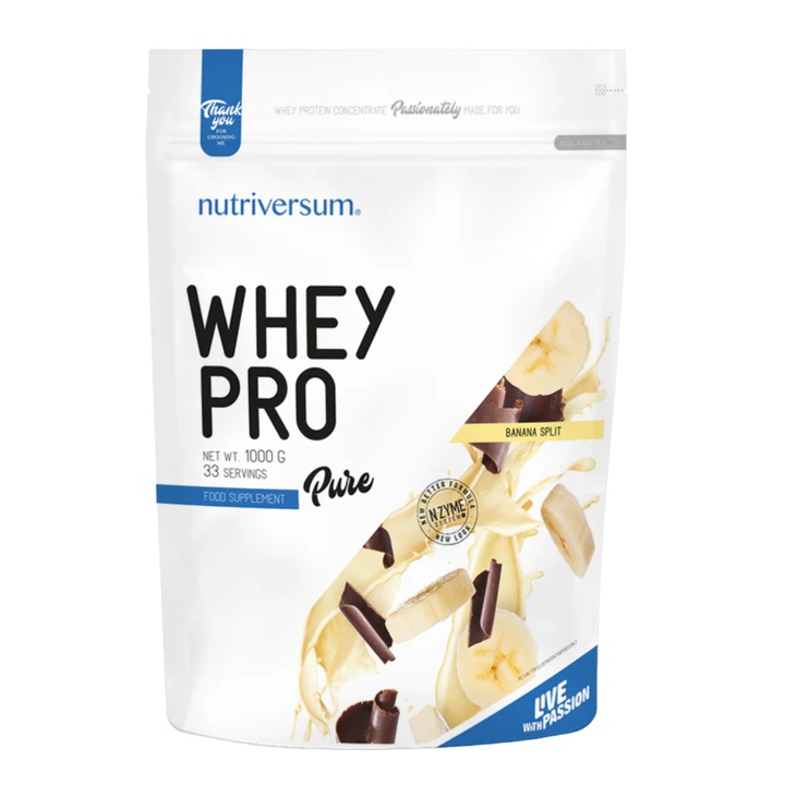 Pudra proteica, PURE Whey Pro, Banana Split, Nutriversum, 1000 g