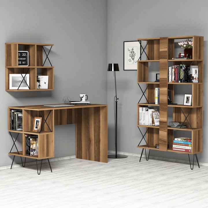 Set Birou si Biblioteca, Extra 2, Nuc-Negru, 120 x 60 x 78 cm