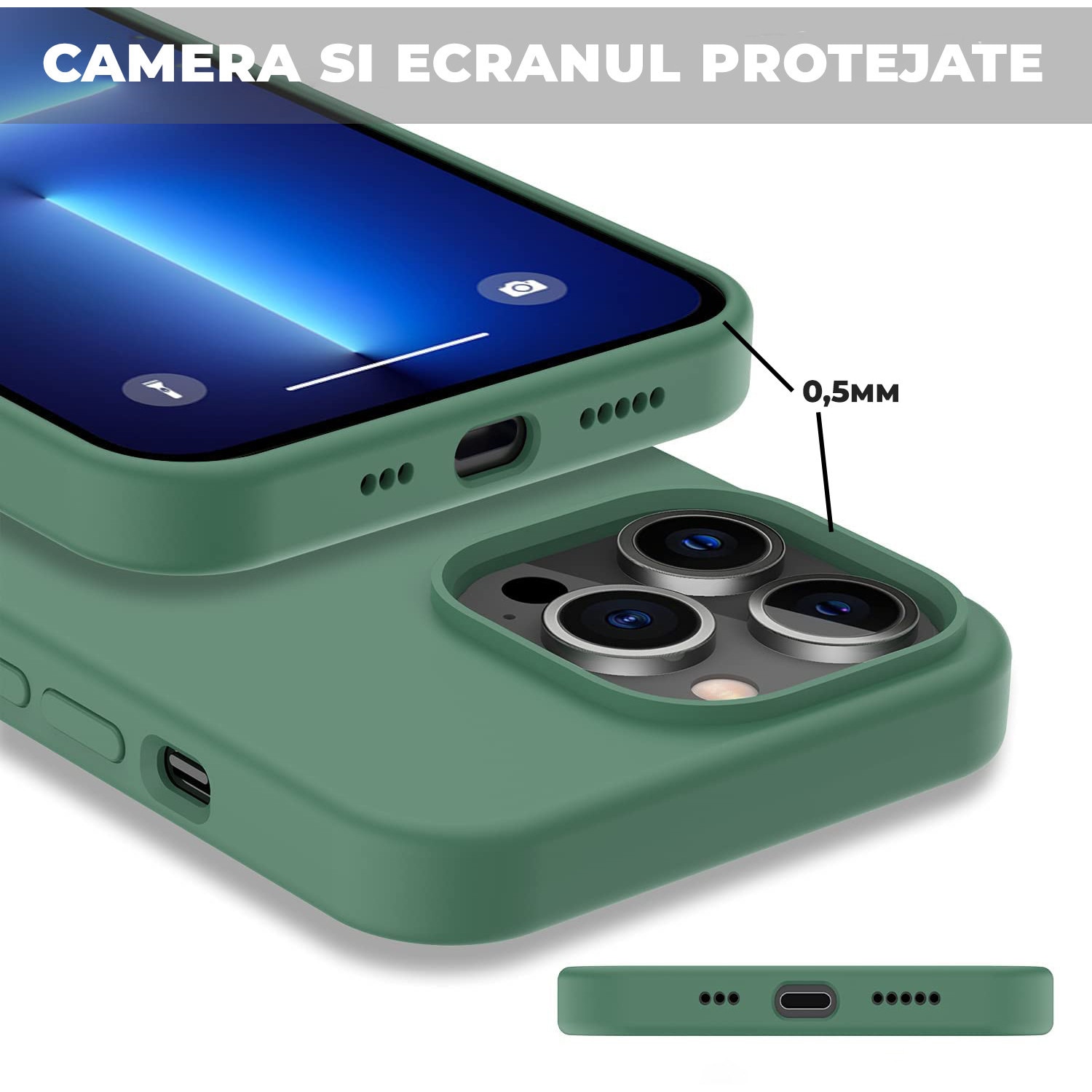 Husa Silicon pentru iPhone 15 Pro Max, Verde Inchis, Ultra Slim, Silicon, Calitate Premium, Interior din microfibra