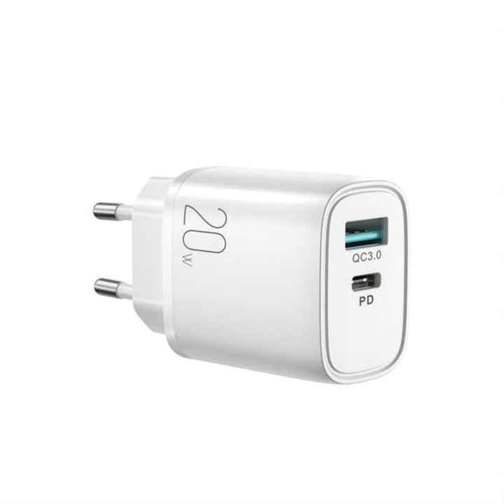 Joyroom L-QP2011 Gyorstöltő hálózati adapter, USB-A QC3.0 / USB-C PD 20W, fehér