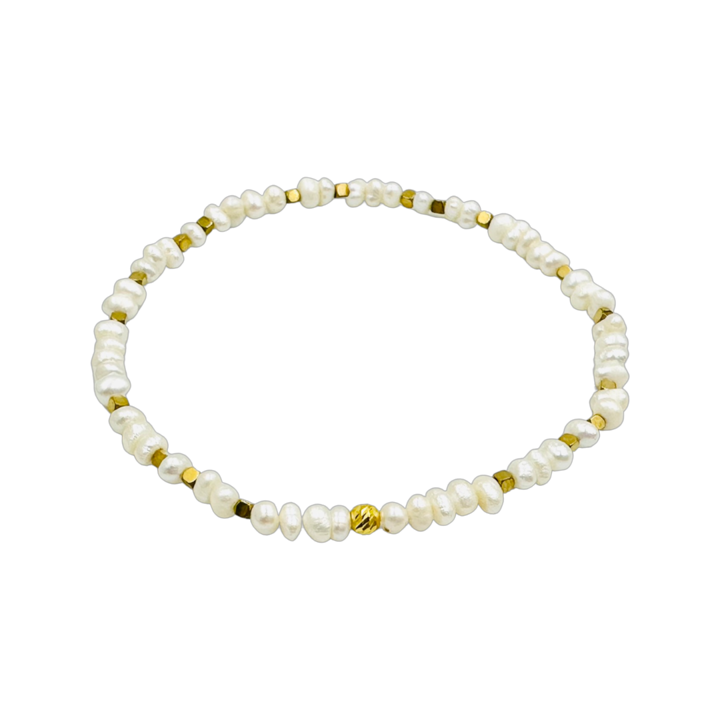 Bratara Papesa White Snowdrops perle rondele 3mm, hematit, argint placat cu aur