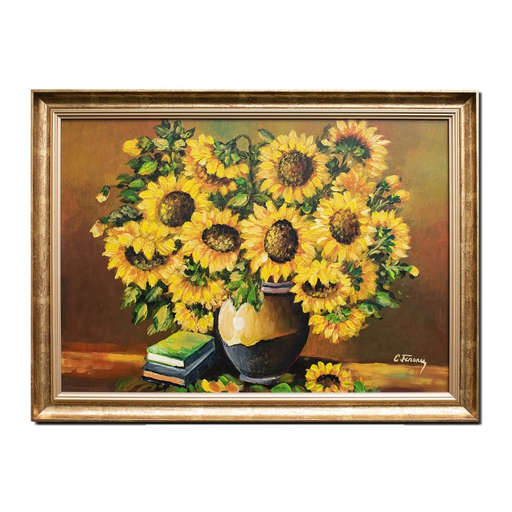 Tablou pictat manual inramat Artnova, Vaza cu floarea soarelui si carti, pictura 80x60cm ulei pe panza