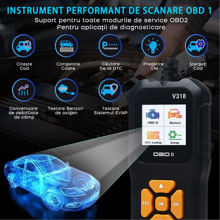 Tester Diagnoza Auto, SDLOGAL, OBD2, Citire/ Stergere coduri de eroare, Ecran LCD, ABS/ESP/SRS, Universal, Negru