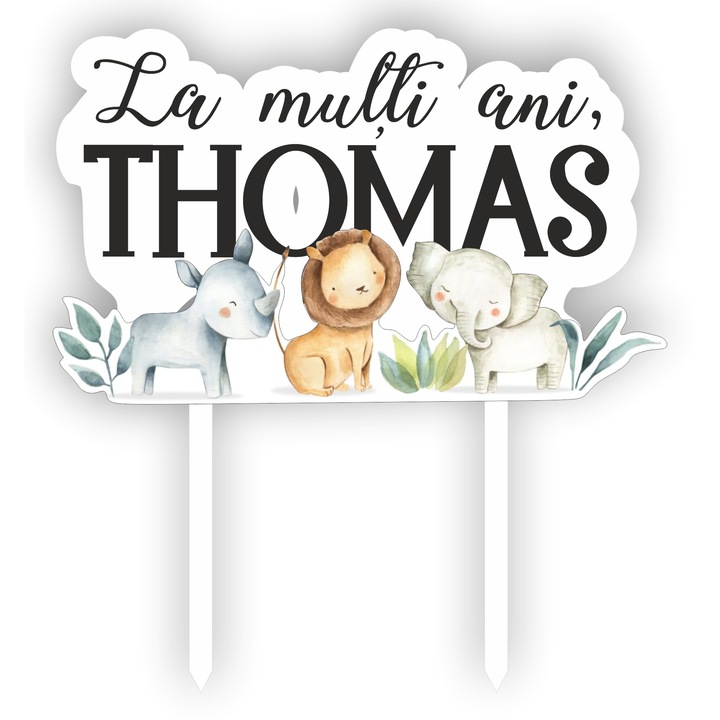 Topper tort UV Personalizat cu nume La multi ani Animale jungla, Inedit Print, TC705, MDF, 10 cm