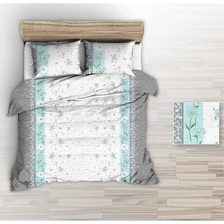 Ágyneműhuzat szett, Pamut, 180x200 fehér szürke kék mező virágok