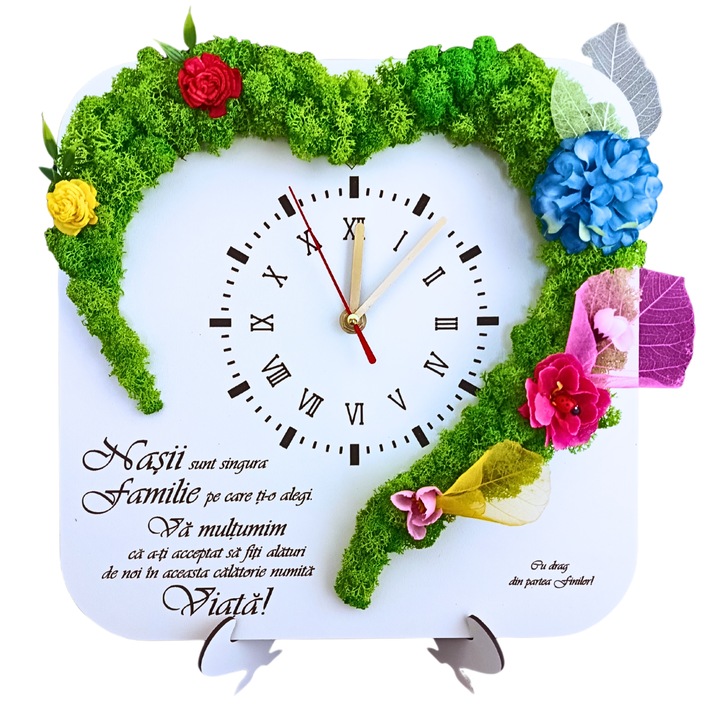 Ceas de perete, decorat cu licheni stabilizati naturali, mesaj standard gravat laser pentru Nasi, cadou nasi, nunta, casatorie, logodna, 40cm, alb
