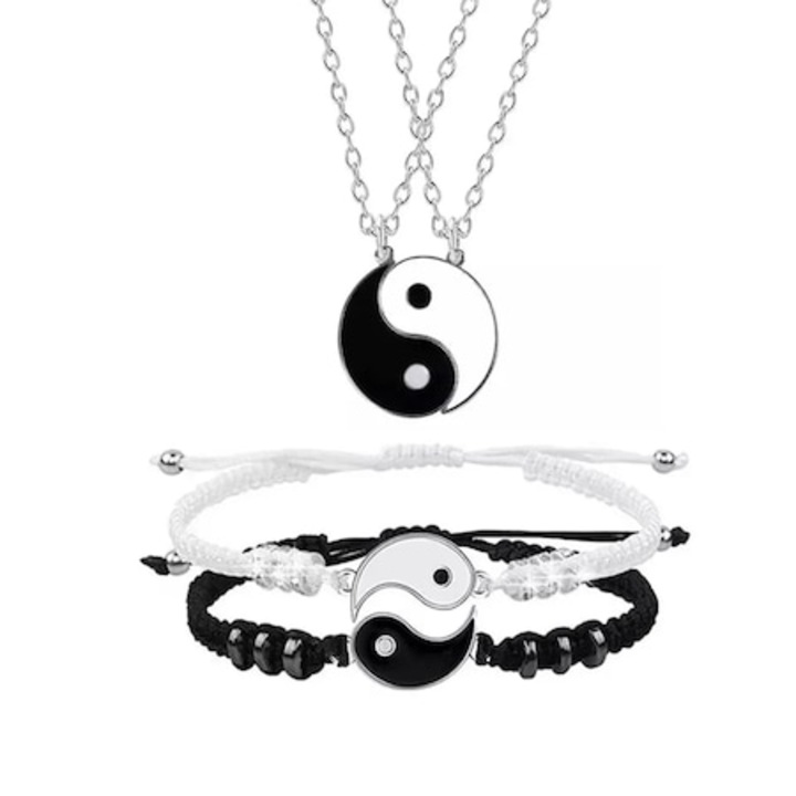 Комплект от две верижки и две регулируеми Tai Chi Yin и Yang гривни за двойки, приятели, 4 части, Tessero, черно и бяло
