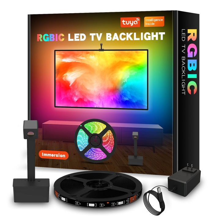 Banda LED RGBIC inteligenta pentru TV AxaCube®, TV Backlight, compatibil 55-65 inch, Wi-Fi, camera 1080p HD, aplicatie dedicata, 2 x 70 cm si 2 x 120 cm