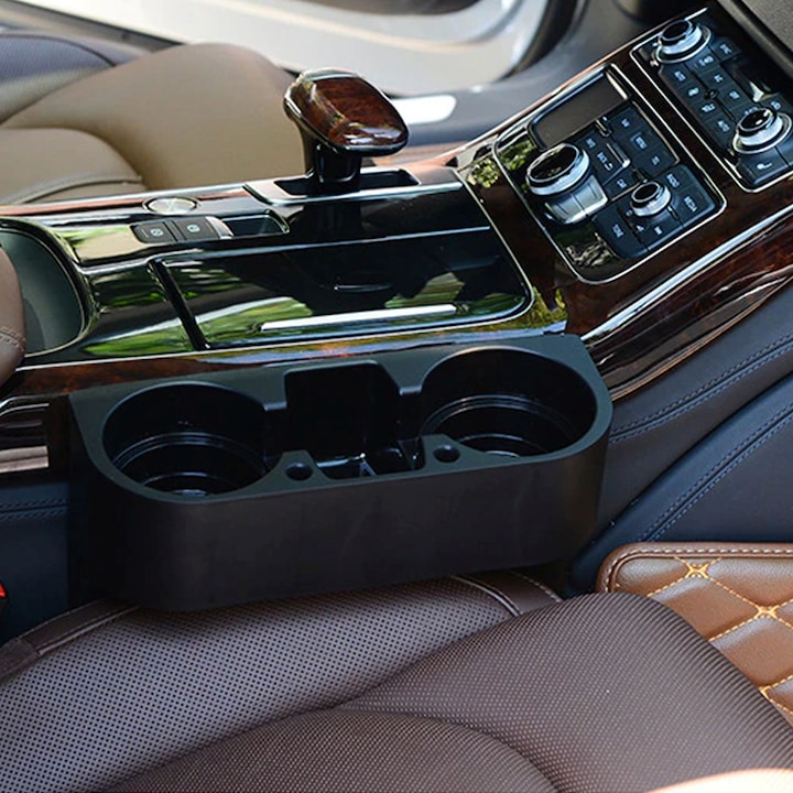 Suport pentru Bauturi Auto RETOO DriveTech, Organizer pentru Cani, Bauturi si Telefon, cu 3 Compartimente si 2 Gauri pentru Pix, din Polipropilena, Dimensiuni 27,5x20,8x10 cm, Montaj intre Scaunul Pasagerului si Consola Centrala, Ideal pentru Mentinerea