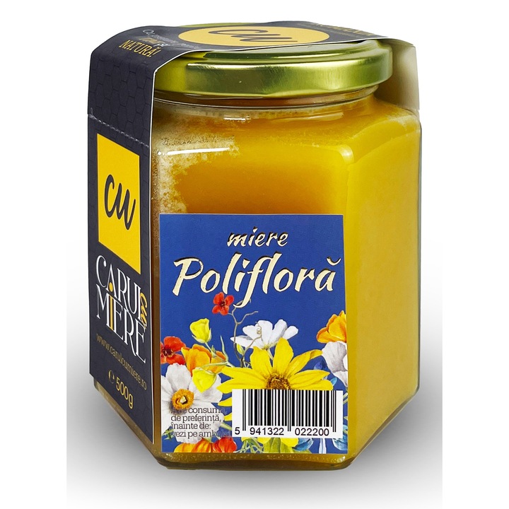 Miere de albine Poliflora, cruda, Carul cu Miere, 500g